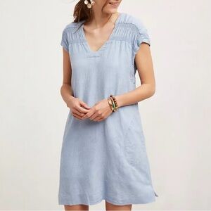 Anthropologie Maeve Paz Tunic Dress Size M Blue Floral Embroidered Linen Blend